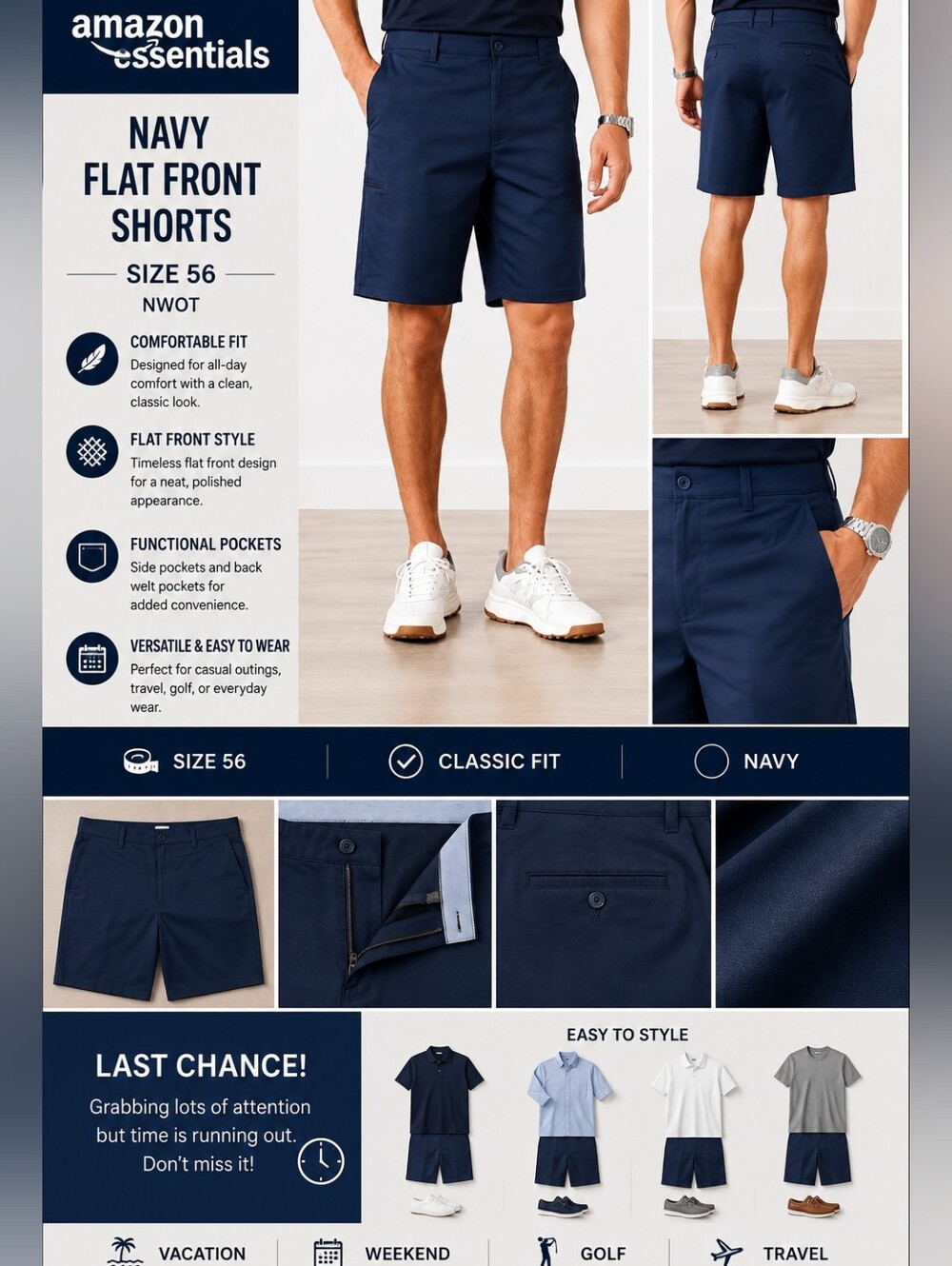 Amazon Essentials Navy Flat Front Shorts Size 56 NWOT